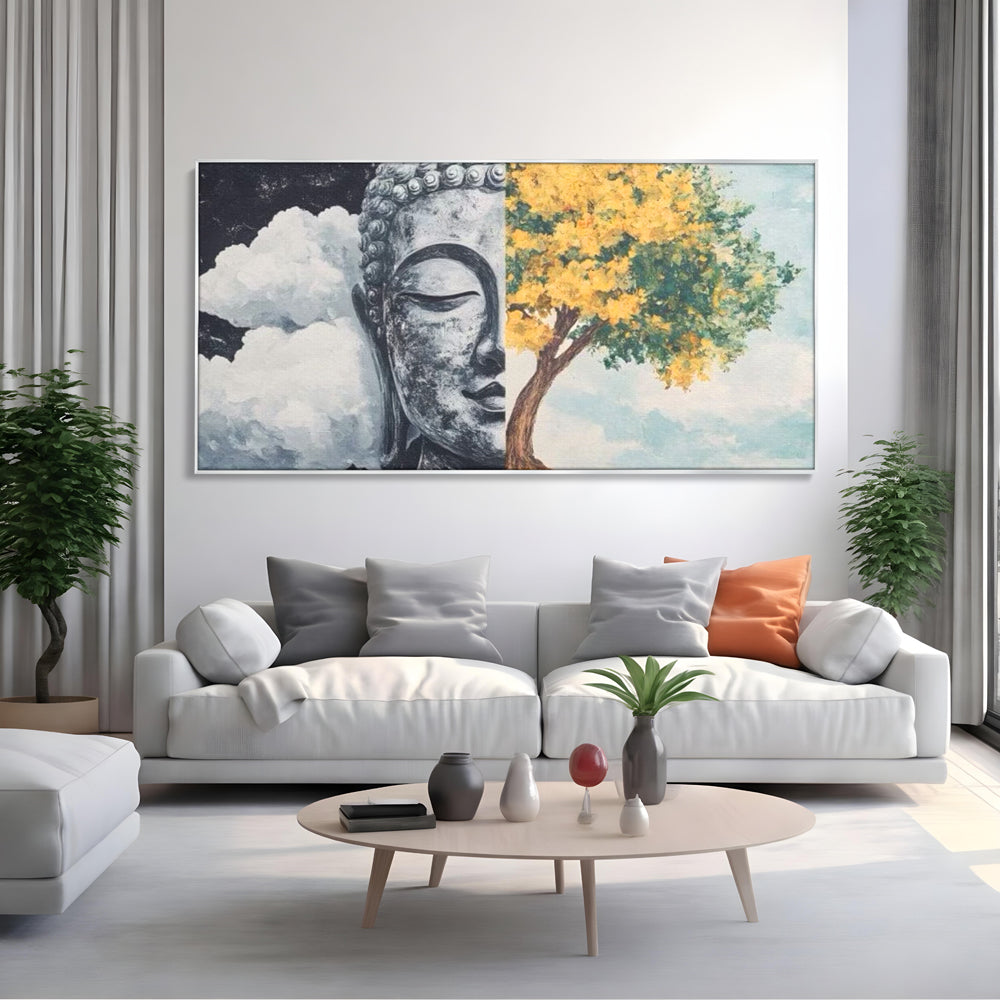 Tablou canvas cu tablou canvas cu buddha si copac, in rama de aluminiu argintiu, pe perete intr-un living